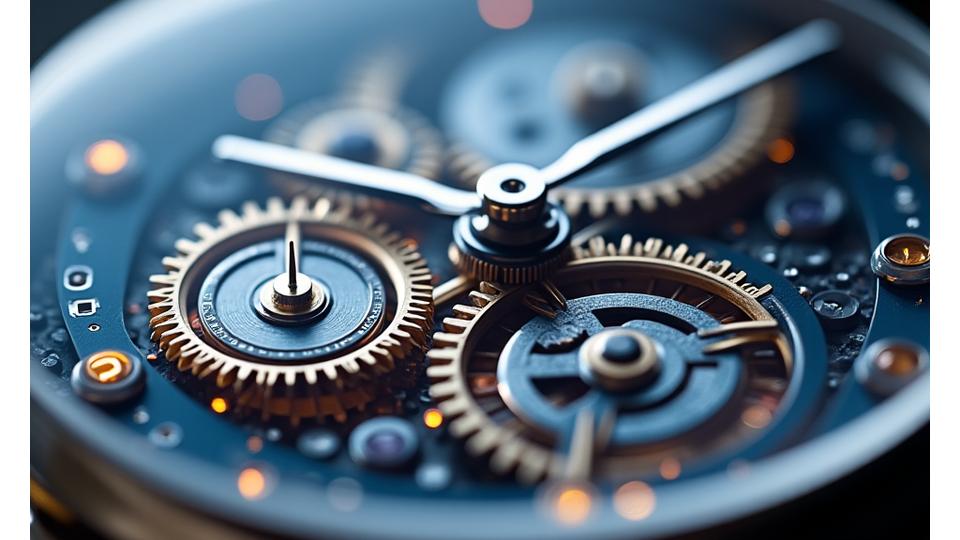 Close-up on intricate Swiss watch gears interlinked with abstract digital data streams and glowing lines. This symbolizes precision, reliability, and the integration of traditional quality with modern technology.