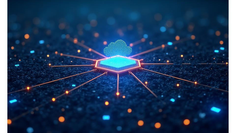 Complex digital network with glowing lines connecting various data points and devices, representing secure cloud infrastructure and AI algorithms. Subtle Swiss motifs could be integrated.