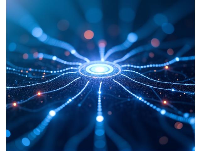Abstract graphic illustrating machine learning algorithms analyzing data points and making rapid decisions, representing AI-Powered Application Intelligence.