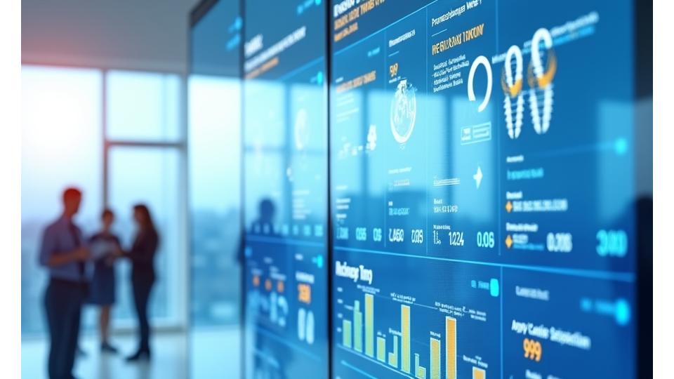 A dynamic dashboard displaying key performance indicators (KPIs) like processing time reduction, cost savings, and satisfaction improvement, with clear upward trend lines.