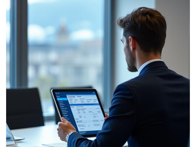 A modern office environment with a professional looking person working on a tablet, symbolizing efficiency gained by a canton transport authority through e-permitting.