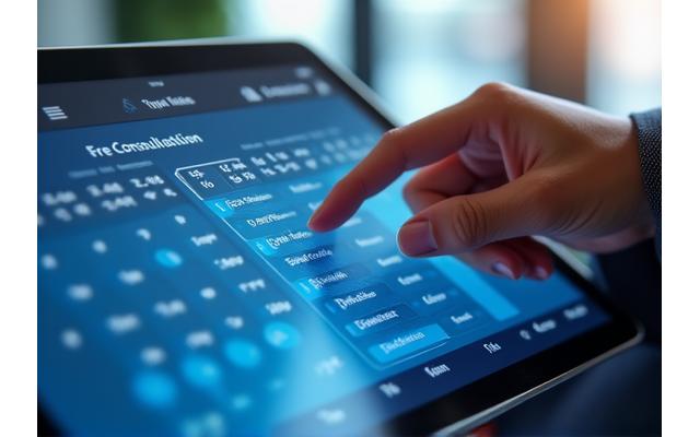 Calendar with booking interface and a hand selecting a date, symbolizing consultation scheduling.