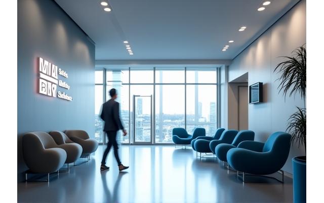 Modern, bright office lobby with Via Swiss Mobility Solutions AG logo visible, showcasing Swiss precision.