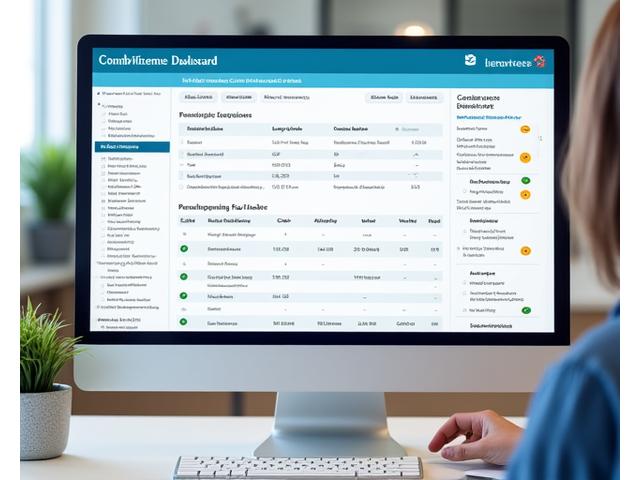 Digital compliance dashboard with green checkmarks and real-time alerts