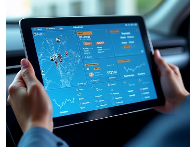 Integrated fleet management dashboard on a tablet with various data points and analytics visible