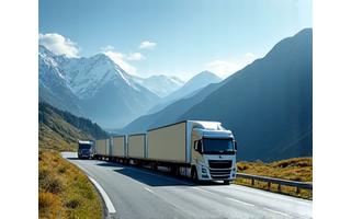International fleet trucks crossing a scenic European border