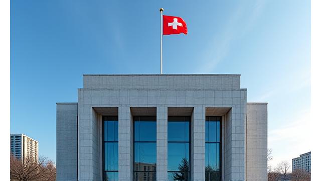 Modern government building with Swiss flag