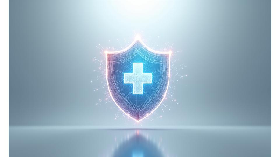 Abstract digital shield with network lines and a Swiss cross, symbolizing data protection and security in Switzerland.
