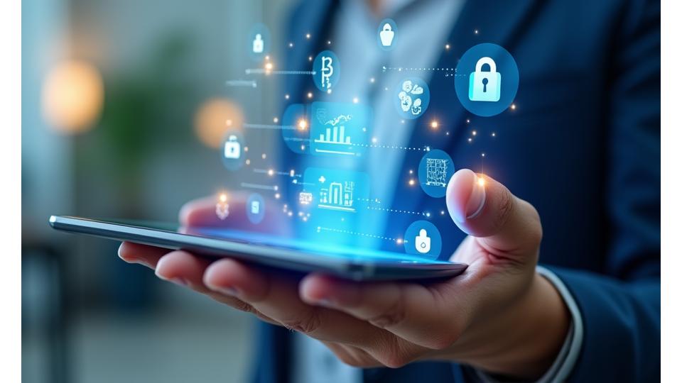 Hand holding a smartphone with data privacy settings, surrounded by icons representing control, access, and security.