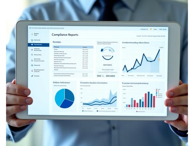 A sleek, digital report dashboard displaying various compliance reports and data visualizations, ready for export and presentation.