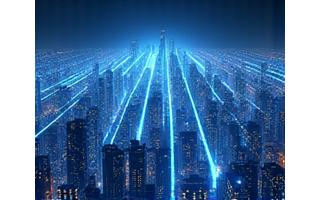 Abstract representation of a futuristic, sustainable city with data overlays
