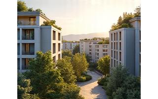 Eco-friendly urban scene in Lausanne, representing a carbon-neutral district
