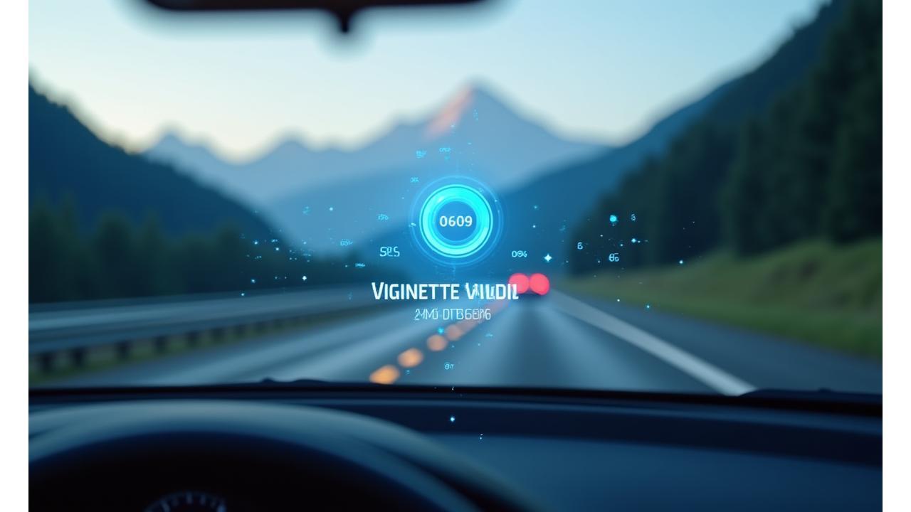 Digital Swiss vignette on a car windshield, glowing with data overlay, representing easy compliance.