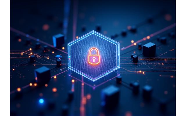 Abstract image showing secure digital payment process with lock and data flow icons, representing security and efficiency.