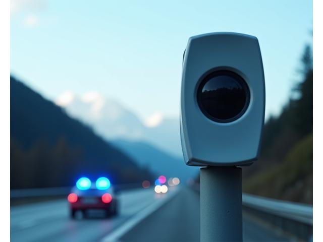 Image of a modern Swiss police car with flashing lights, representing enforcement.
